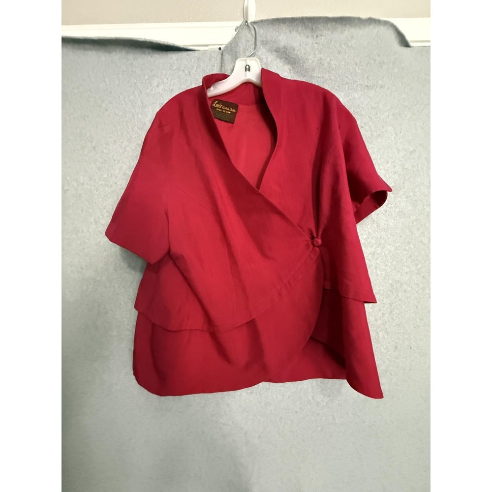 Lew's Custom Tailor Jacket Womens 3XL Red Linen Asymmetrical Button Lined Wrap‎